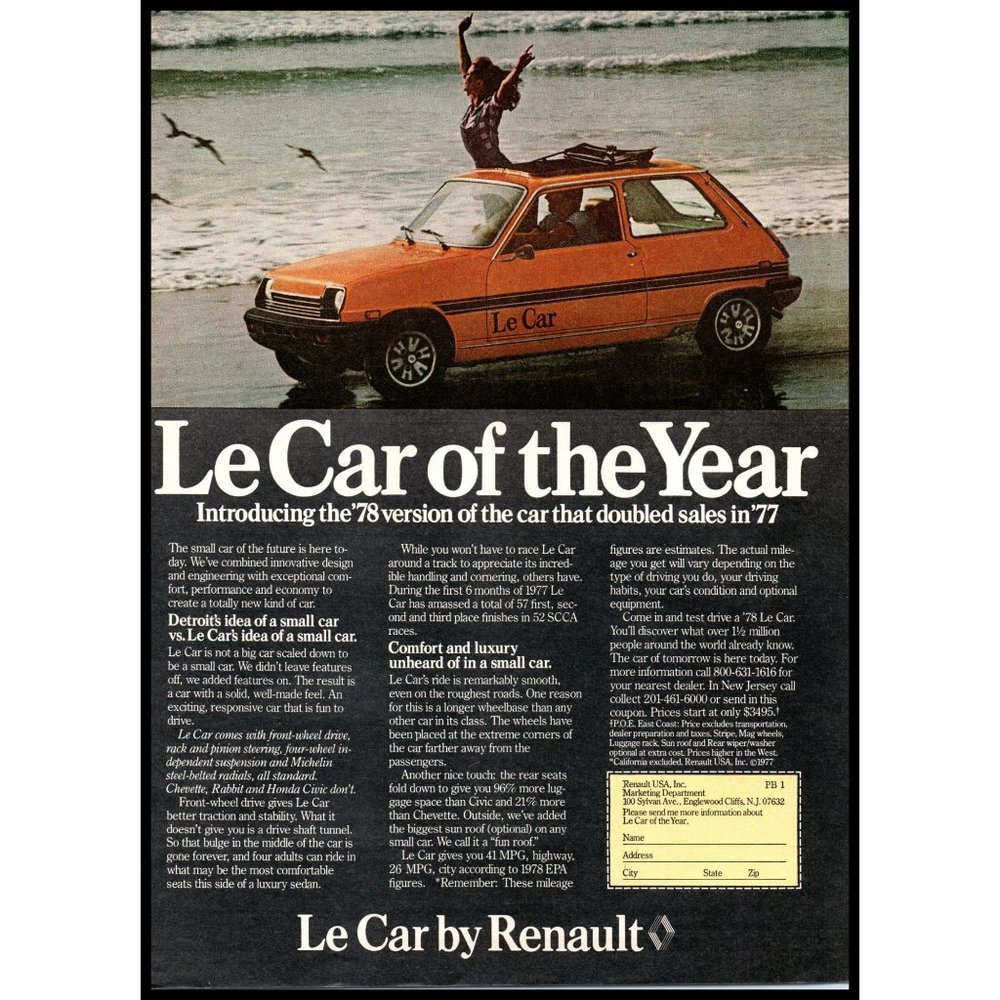 1978 Renault Le Car Hatchback Vintage Print Ad Beach Ocean Sea Gulls Wall Art